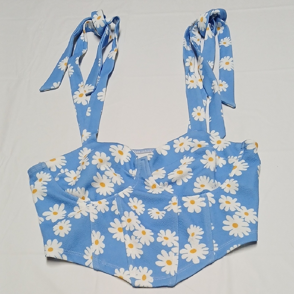 Blue Sleeveless Shoulder-Tie Basque Crop Top w/ White & Yellow Daisy Print Sz S